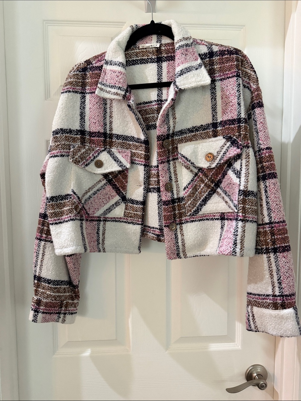 Cropped Plaid Teddy Jacket in Pink & Cream